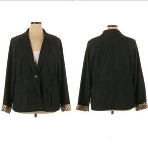 IMAN Blazer Boyfriend Leopard Cuffs Single Breasted‎ Lined Pockets Black Sz 2X